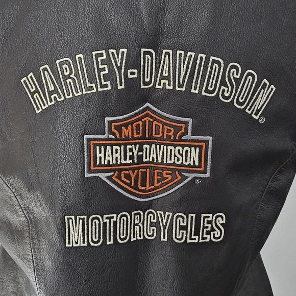 HARLEY DAVIDSON black VEST motorcycle GENUINE LEATHER pockets ZIPPER biker ORANG - Picture 9 of 15